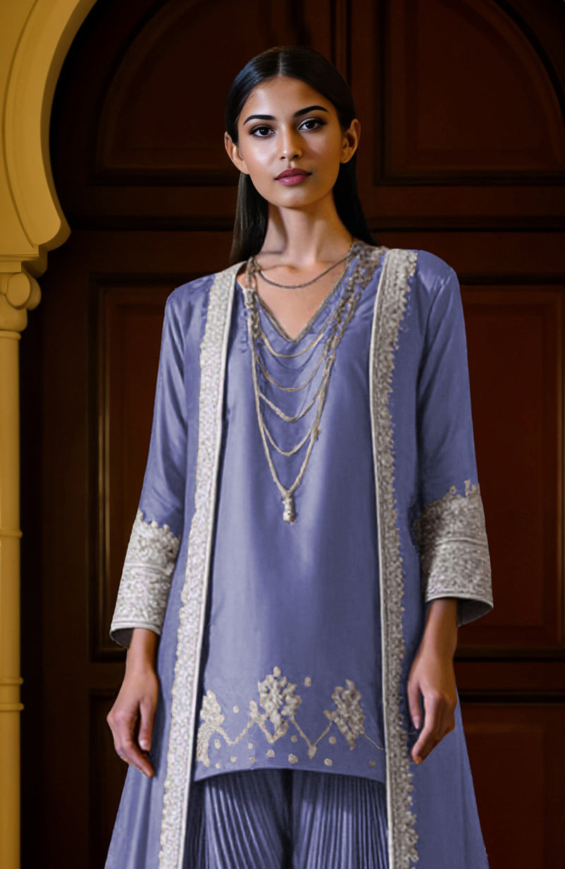 Iolite blue jacket dhoti set with silver embroidery and V-neck knee-length tunic