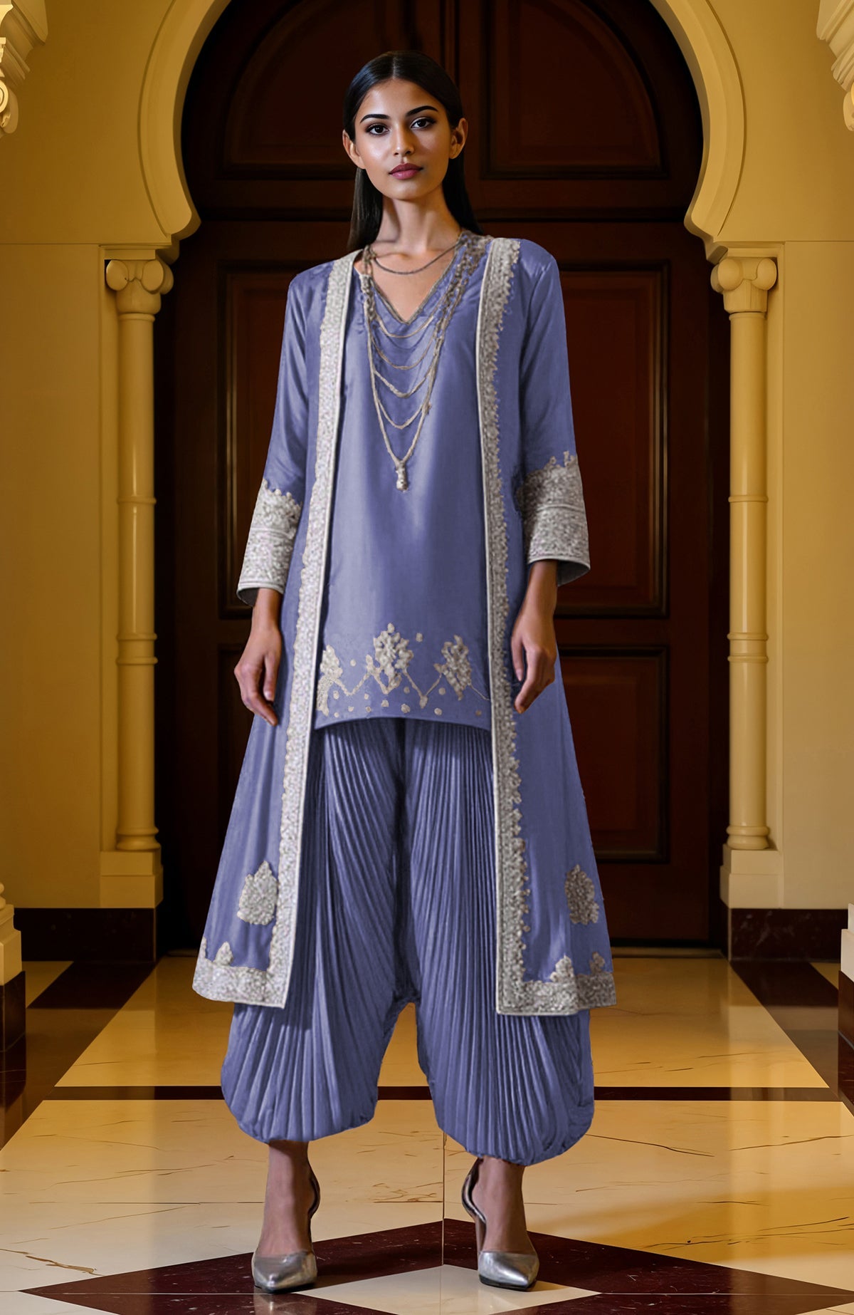 Iolite blue jacket dhoti set with silver embroidery, knee-length tunic, and pleated pants