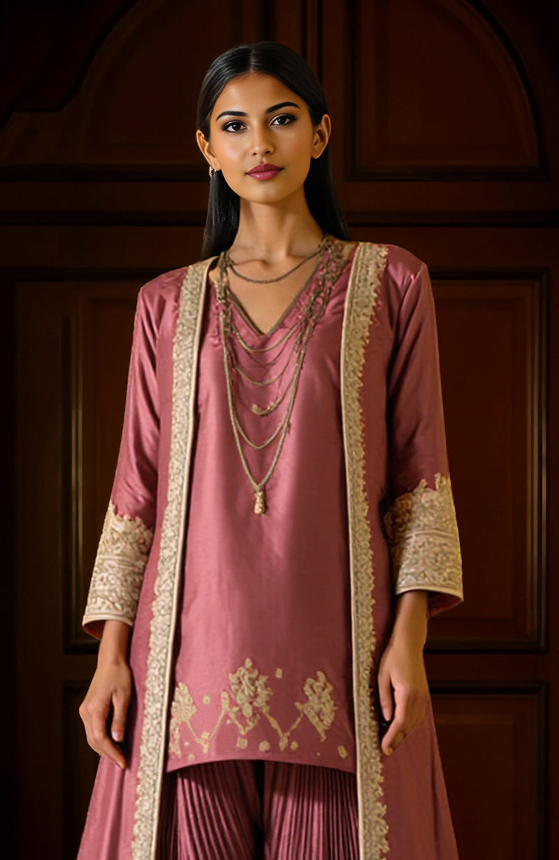 Rapture Rose knee-length tunic with silver embroidery, pleated dhoti pants, and open-front jacket.