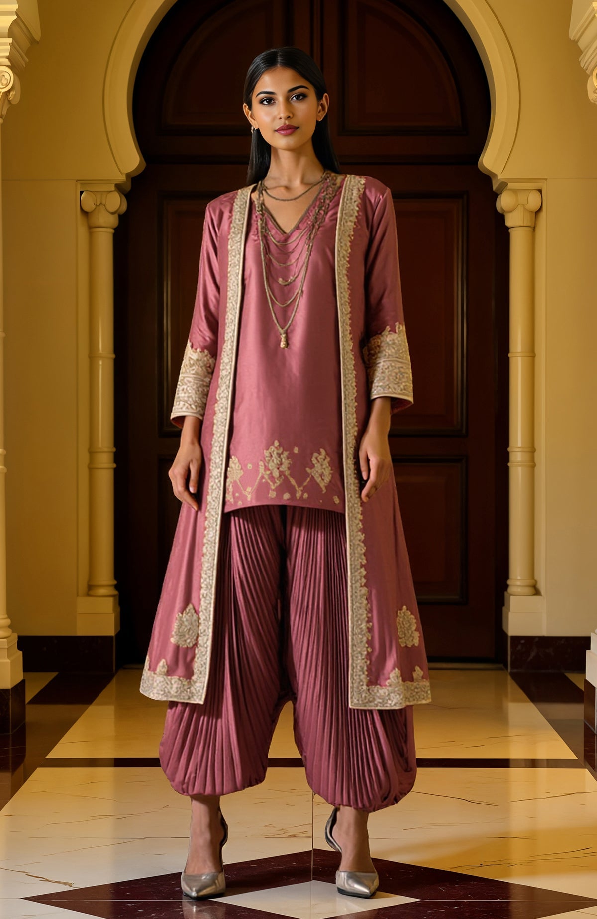 Rapture Rose knee-length tunic with silver embroidery, pleated dhoti pants, and open-front jacket.