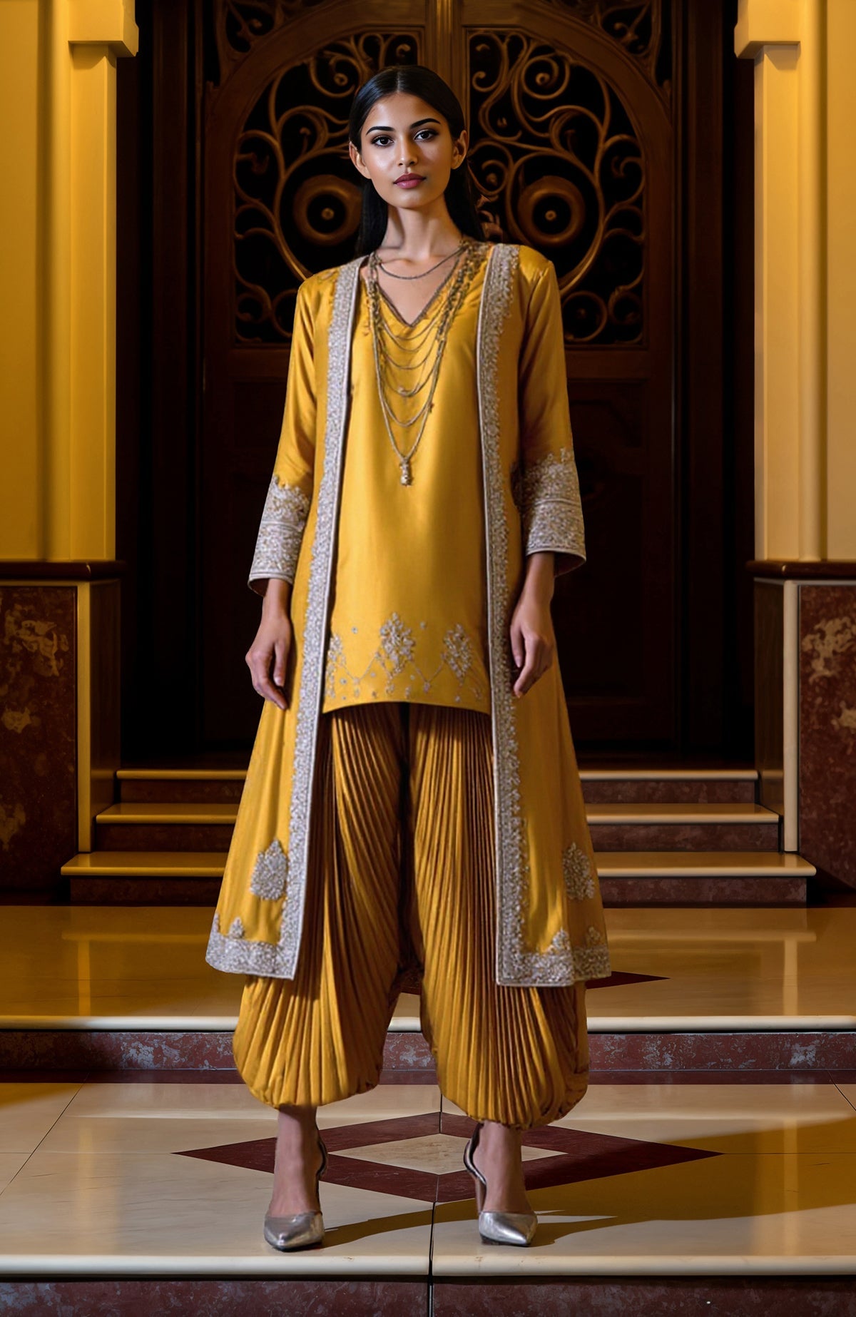 Iolite blue jacket dhoti set with silver embroidery and knee-length tunic with V-neckline