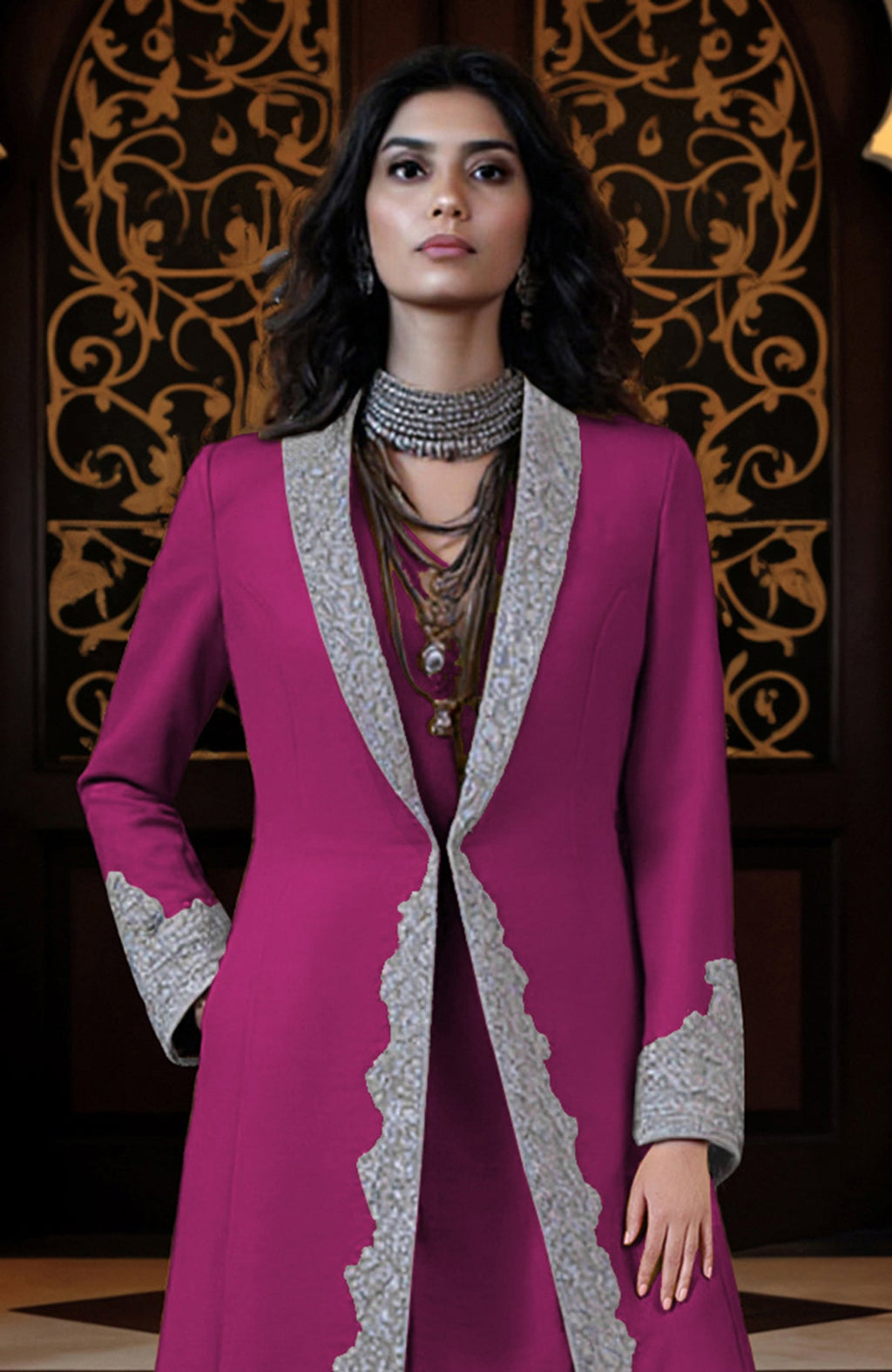 Pink longline jacket with silver embroidery paired with matching tunic and draped dhoti pants set