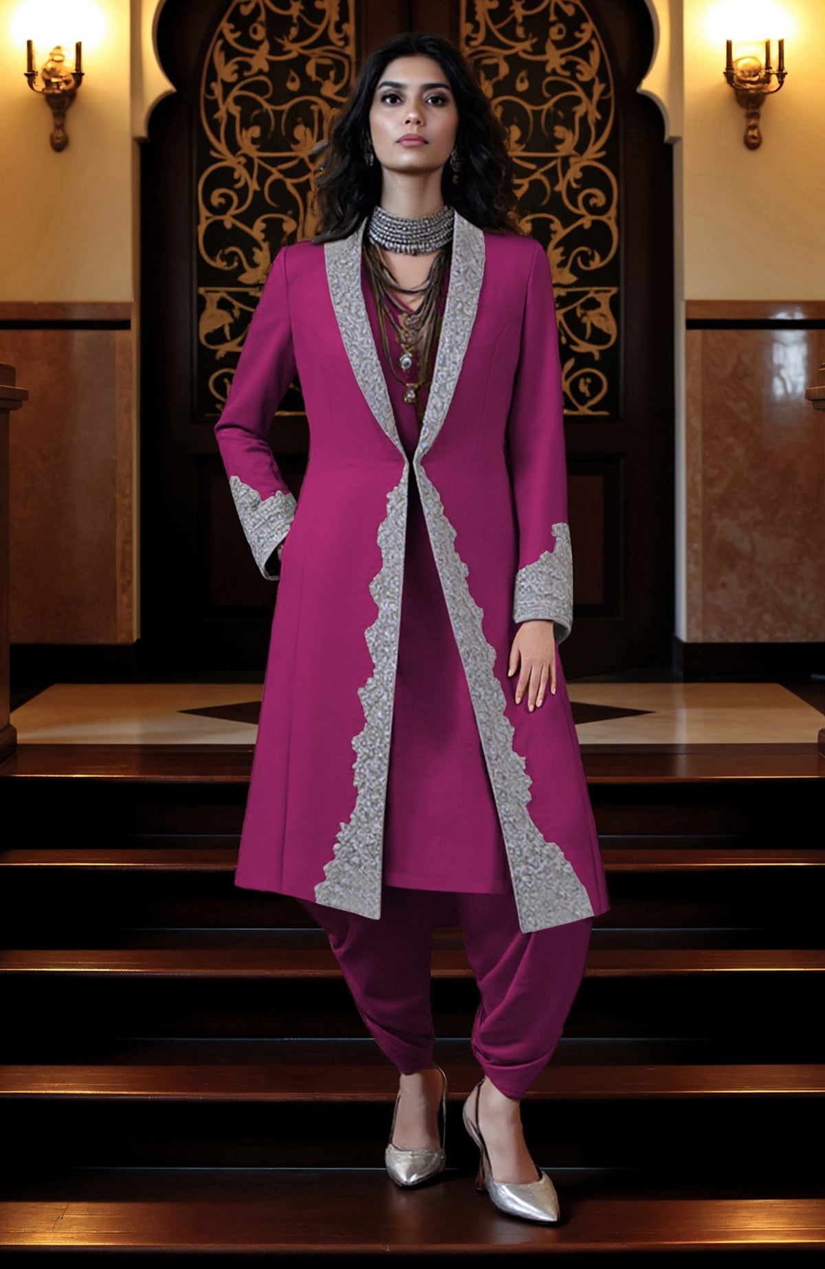 Pink longline jacket with silver embroidery paired with matching tunic and draped dhoti pants.