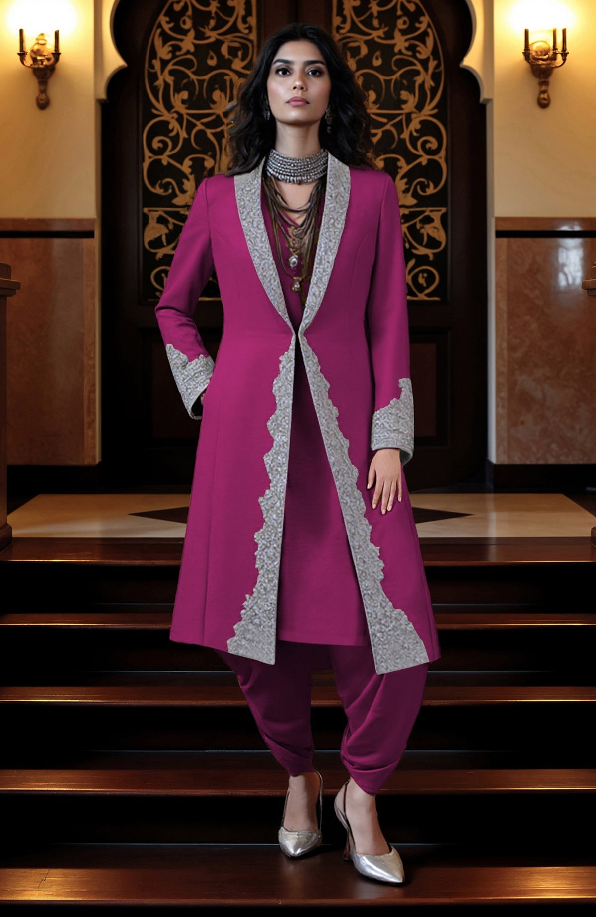 A woman models a magenta jacket with silver embroidery, matching tunic, and dhoti pants.