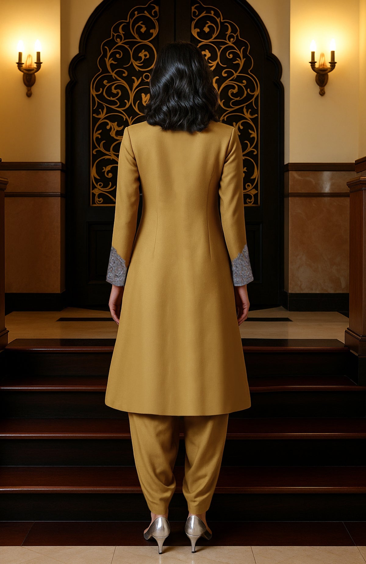 Mustard yellow longline jacket with silver embroidery paired with matching dhoti pants set