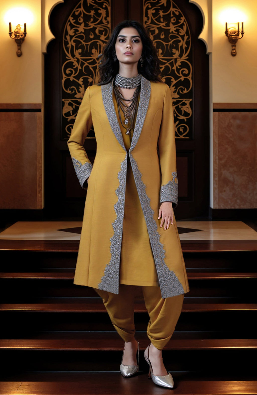 Mustard yellow longline jacket with silver embroidery paired with draped dhoti pants set