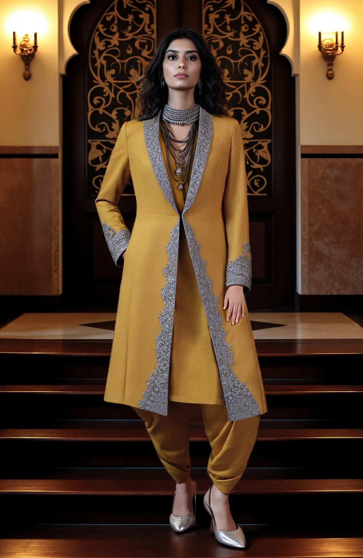 Mustard yellow longline jacket with silver embroidery paired with draped dhoti pants set