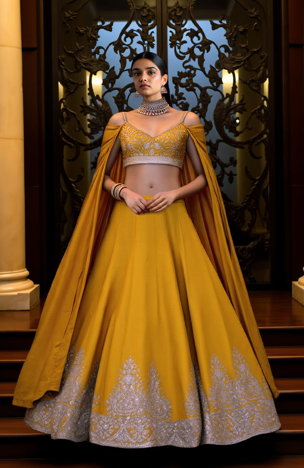 Mustard yellow lehenga with silver embroidery, cropped blouse, and detachable cape draped over shoulders