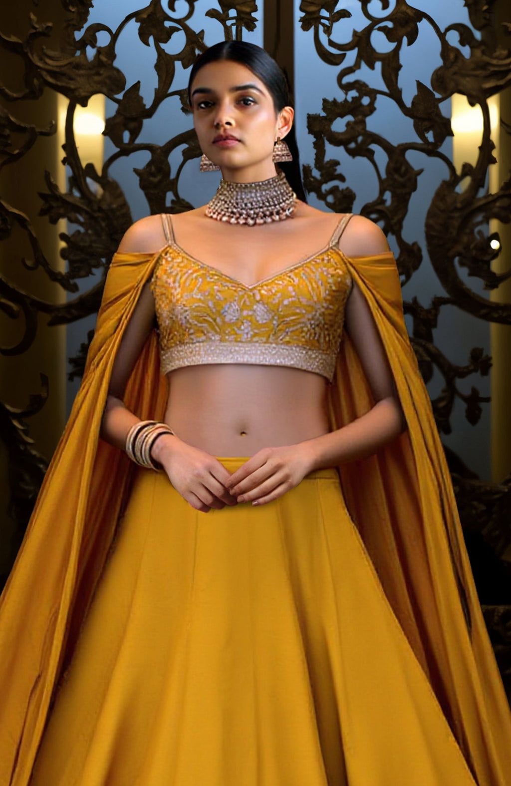A woman models a mustard yellow lehenga set with silver embroidery and a cape dupatta.