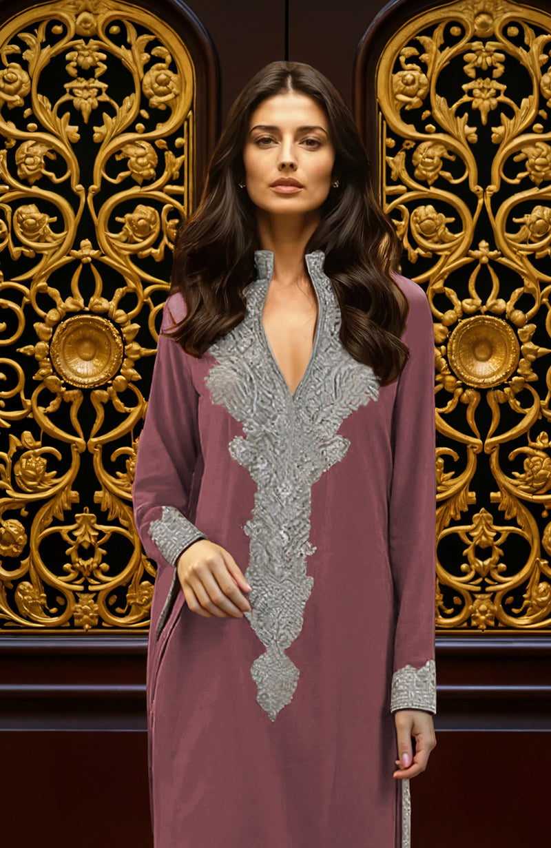 Chianti kurta set with silver floral embroidery, pleated trousers, and embroidered dupatta border.