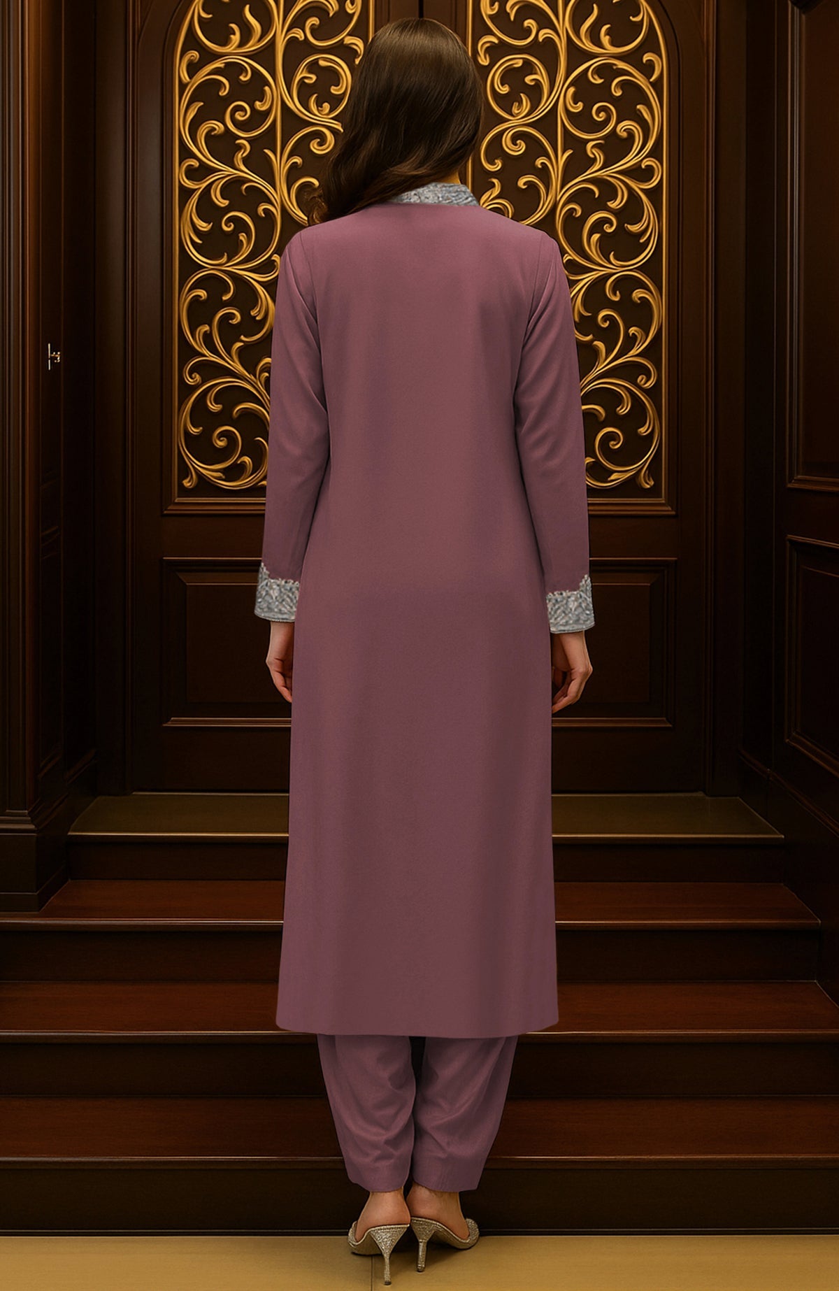 Chianti kurta set with silver floral embroidery, deep V-neck, pleated trousers, and embroidered dupatta.