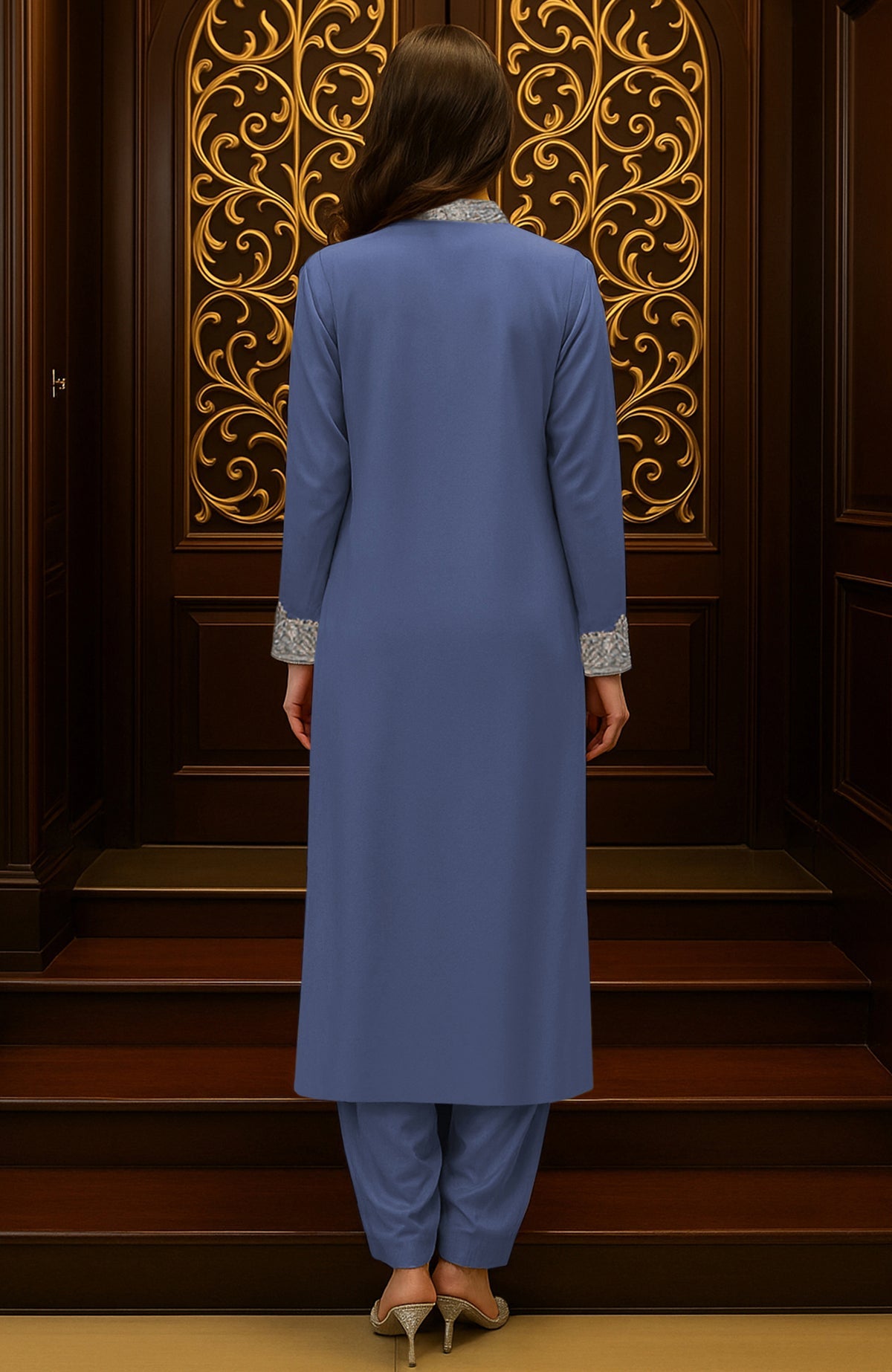 Iris blue embroidered kurta with silver floral motifs, pleated salwar, and matching dupatta.