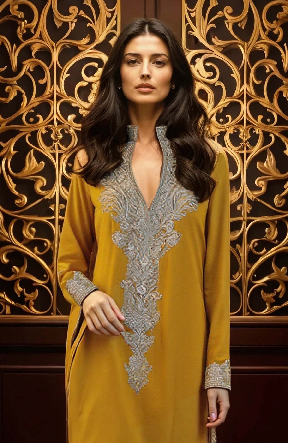 A woman models a mustard yellow embroidered kurta with silver embellishments.