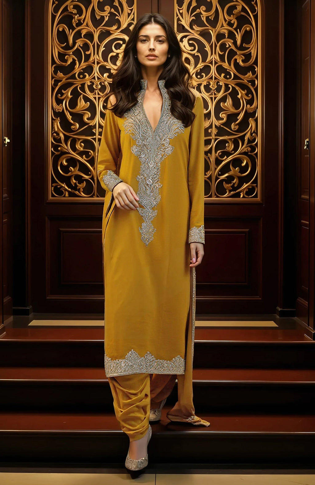 A woman models a mustard yellow embroidered kurta set with silver embellishments.