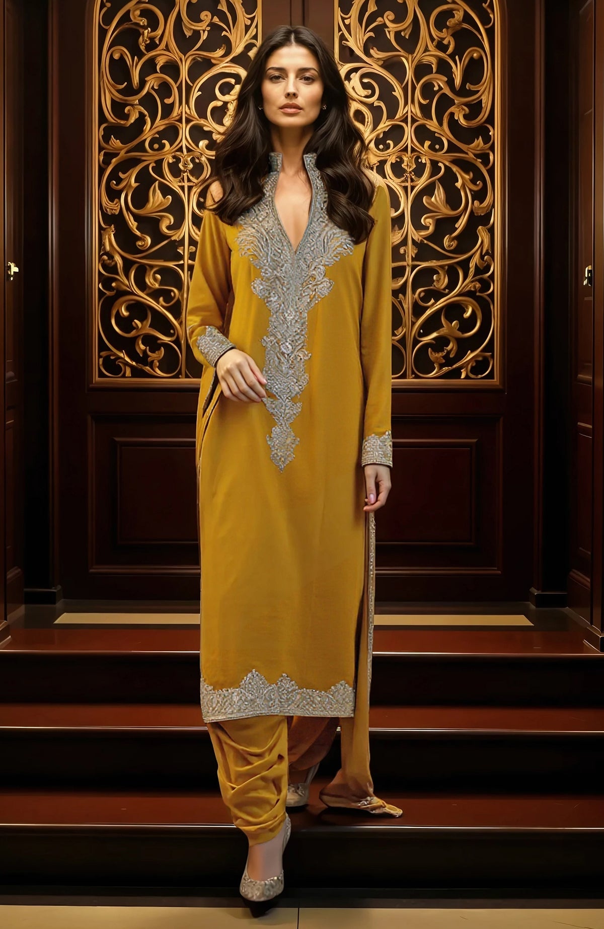 A woman models a mustard yellow embroidered kurta set with silver embellishments.
