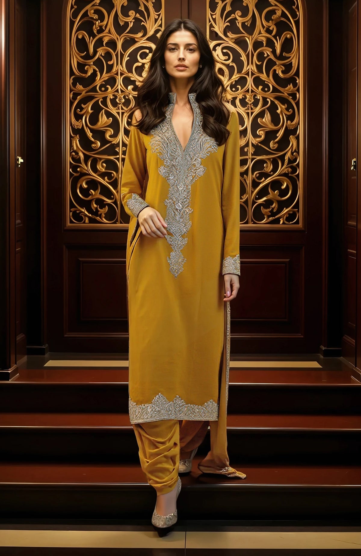 Iris blue embroidered kurta set with silver floral zari work, pleated salwar, and matching dupatta.