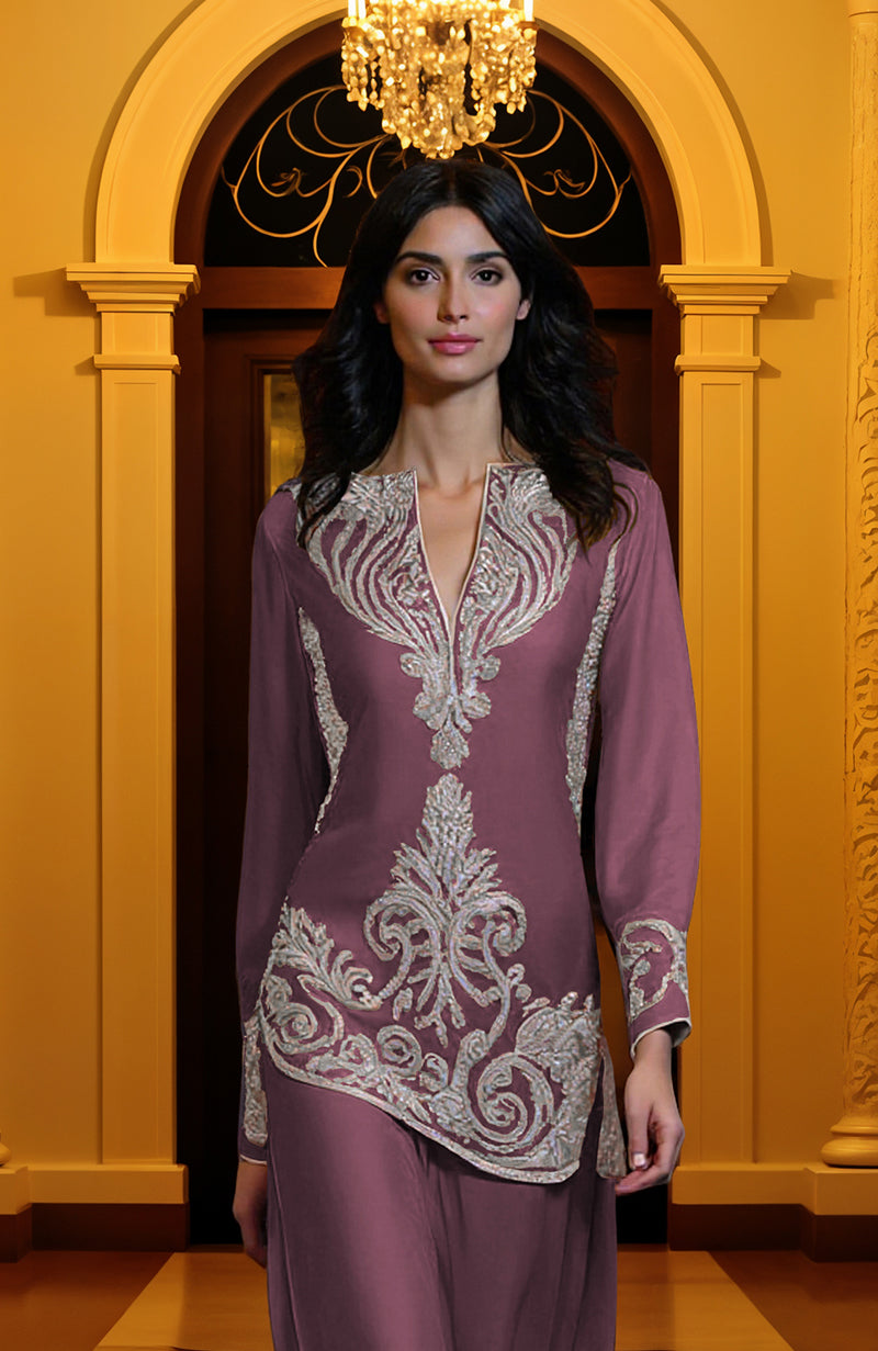 Burgundy purple tunic set with silver paisley embroidery, deep V-neck, long sleeves, and wide-leg trousers.