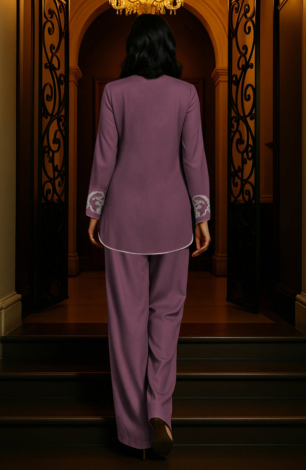 Burgundy purple tunic set with silver paisley embroidery and flowing wide-leg trousers.