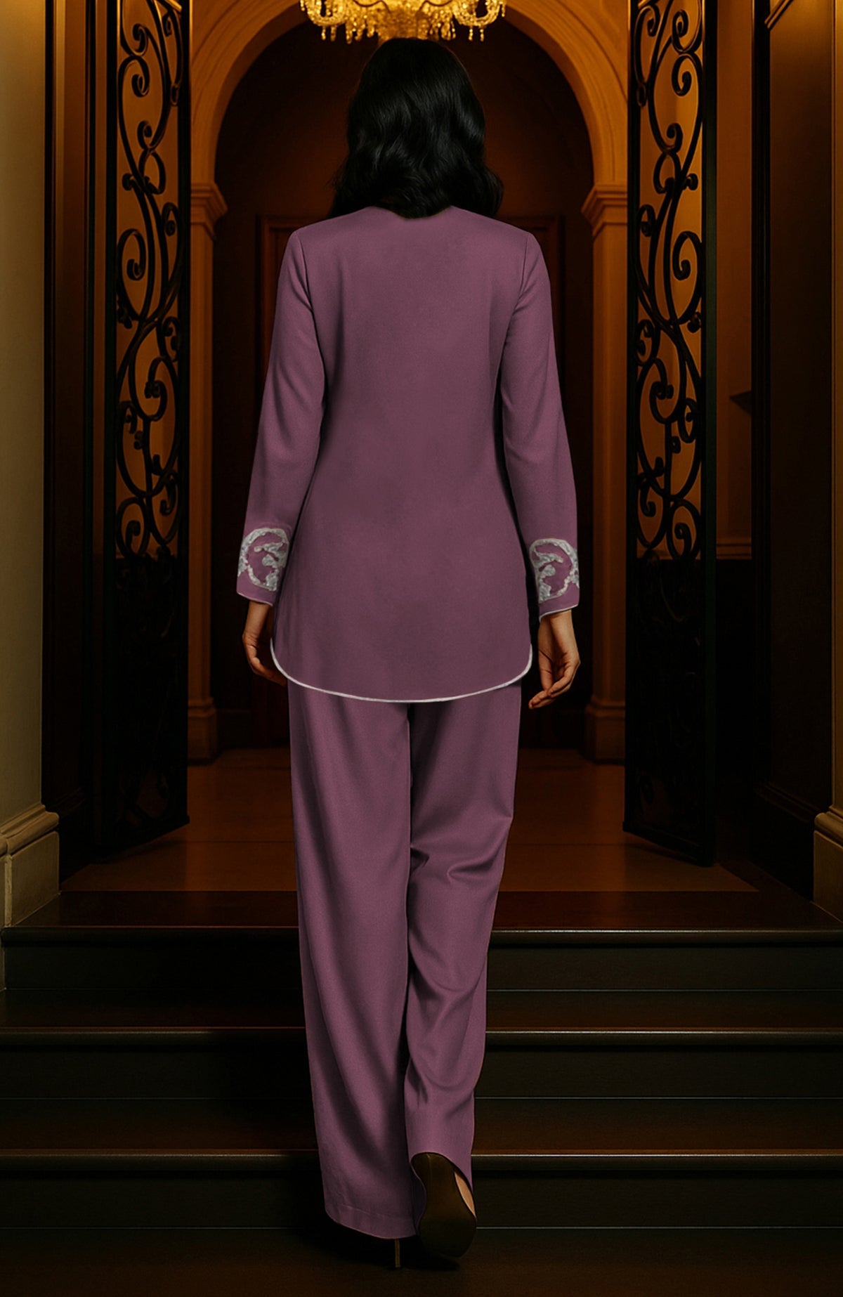 Burgundy purple tunic set with silver paisley embroidery and flowing wide-leg trousers.