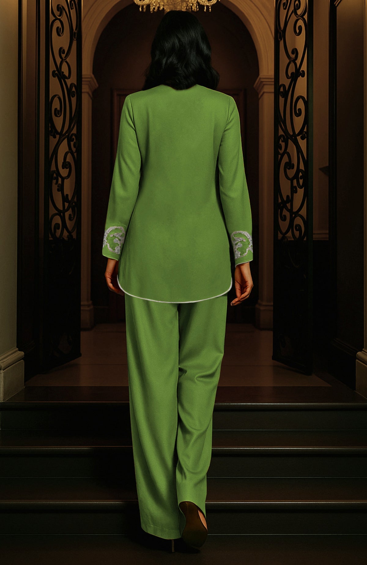 Long fitted pepper stem tunic with silver paisley embroidery and wide-leg matching trousers.