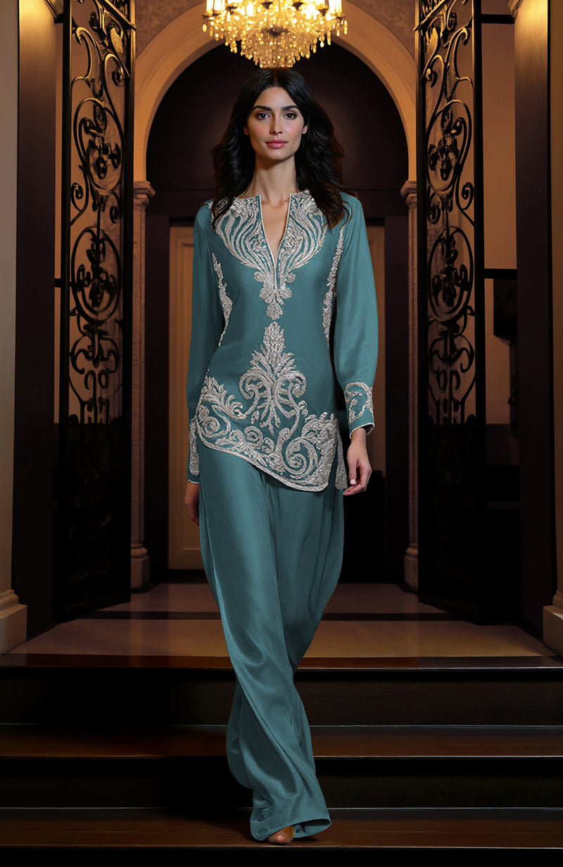 Mustard gold tunic with silver paisley embroidery and matching wide-leg trousers set.
