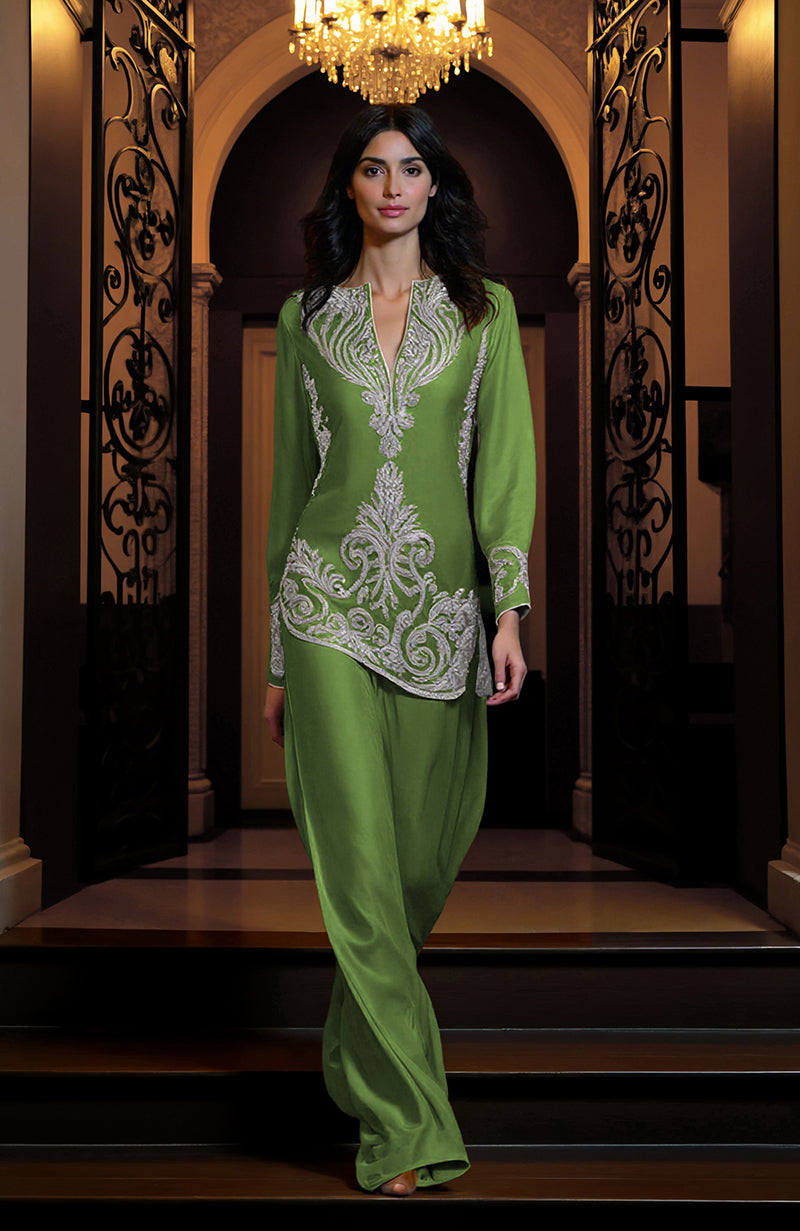 Mustard gold tunic set with silver paisley embroidery, deep V-neck, long sleeves, and wide-leg trousers.