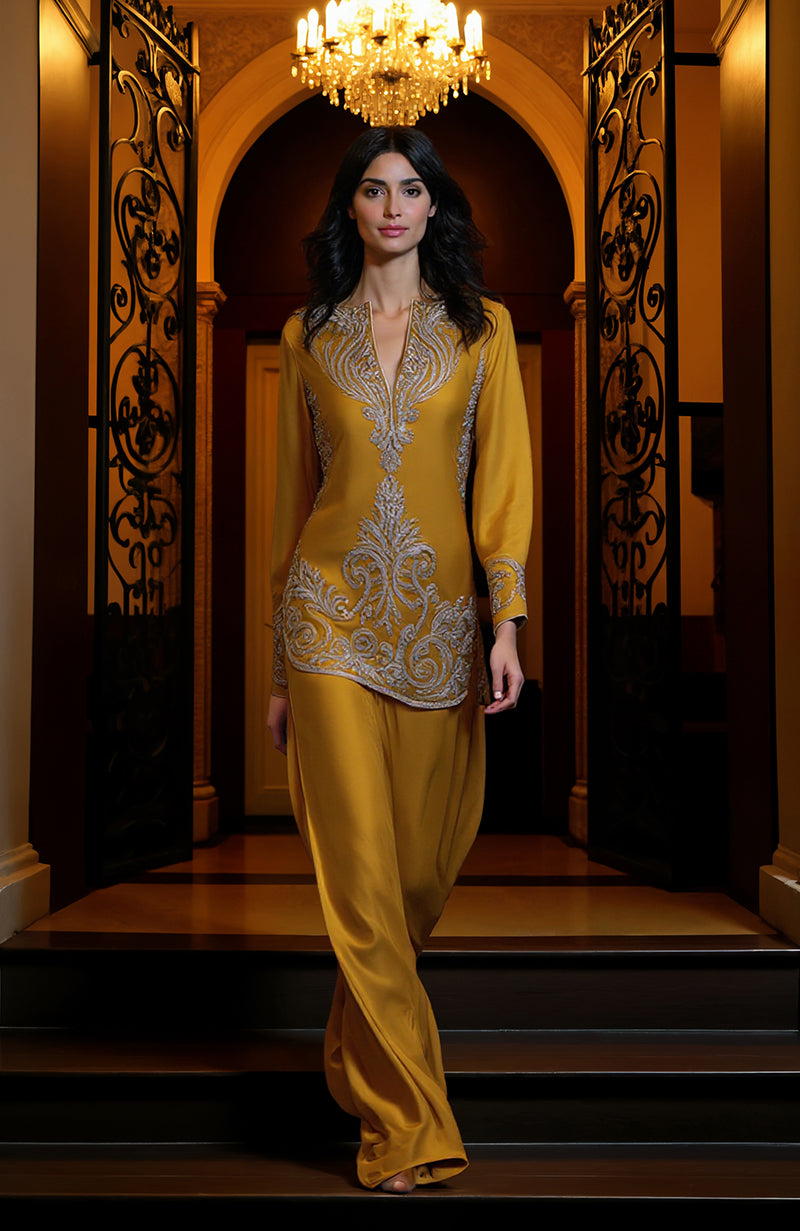 Burgundy purple tunic set with silver paisley embroidery and wide-leg matching trousers