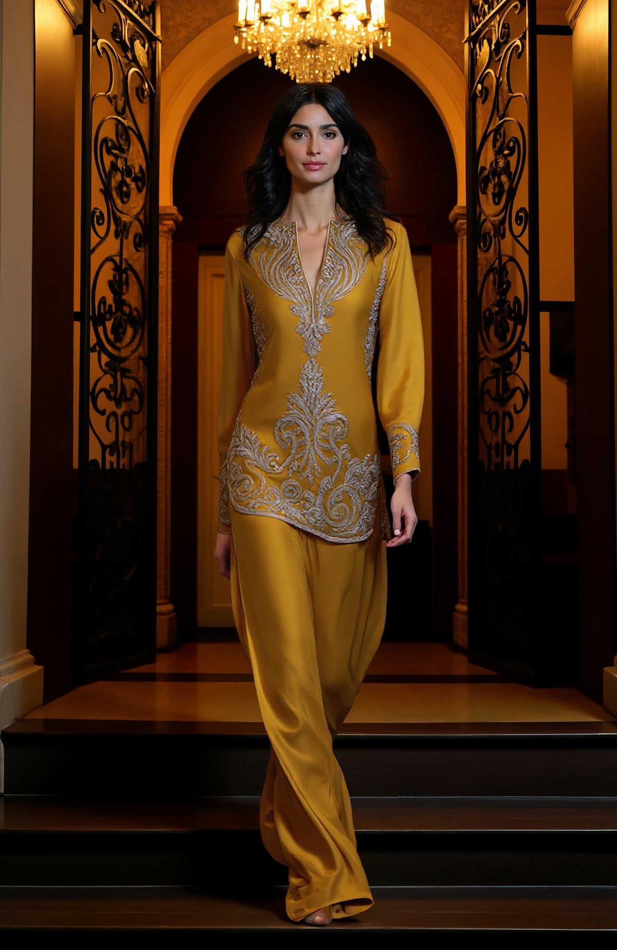 Mustard gold tunic with silver paisley embroidery and matching wide-leg trousers.
