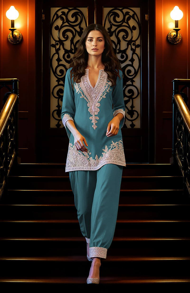 Mauve knee-length tunic with silver floral embroidery and matching loose trousers with embroidered cuffs