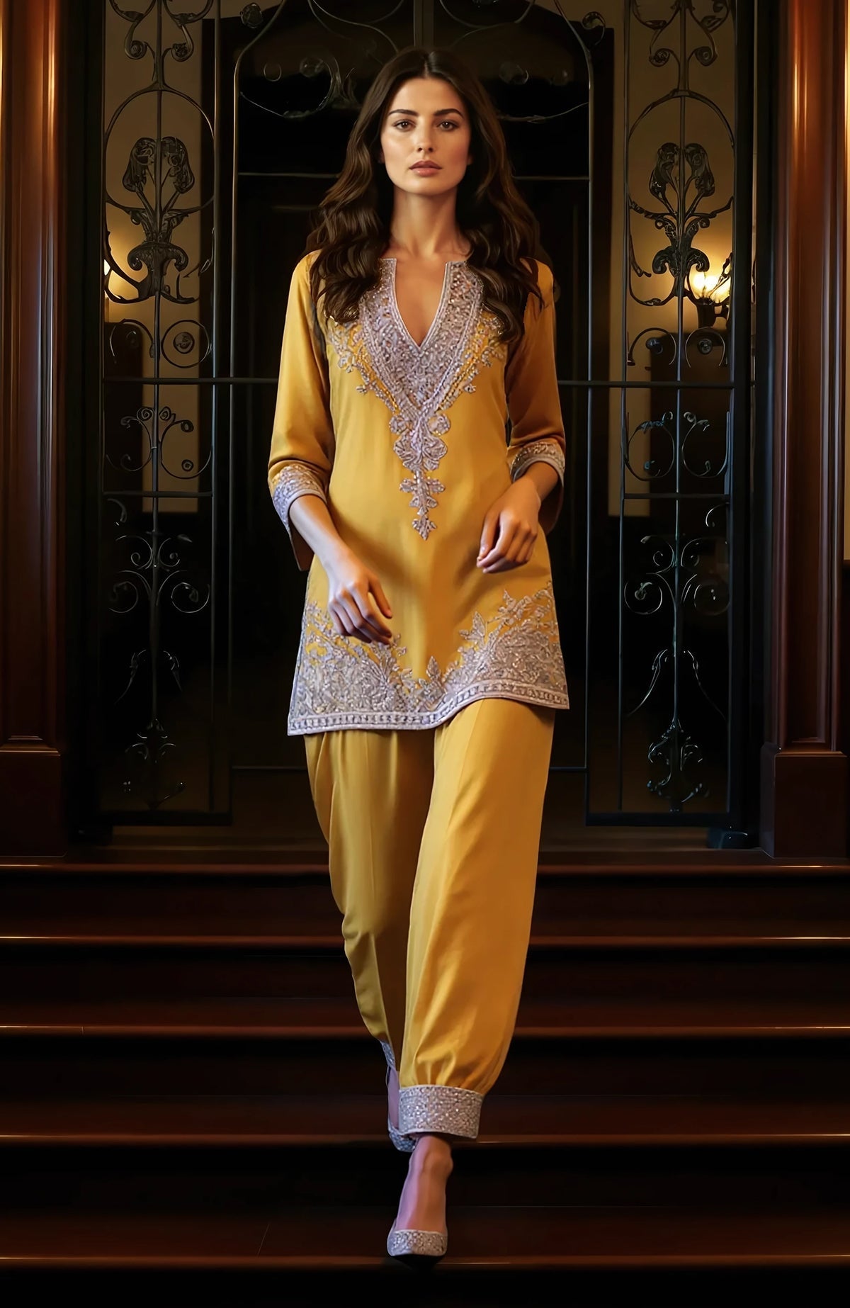 Mustard gold knee-length tunic with deep V-neck and silver embroidered cuffs on trousers