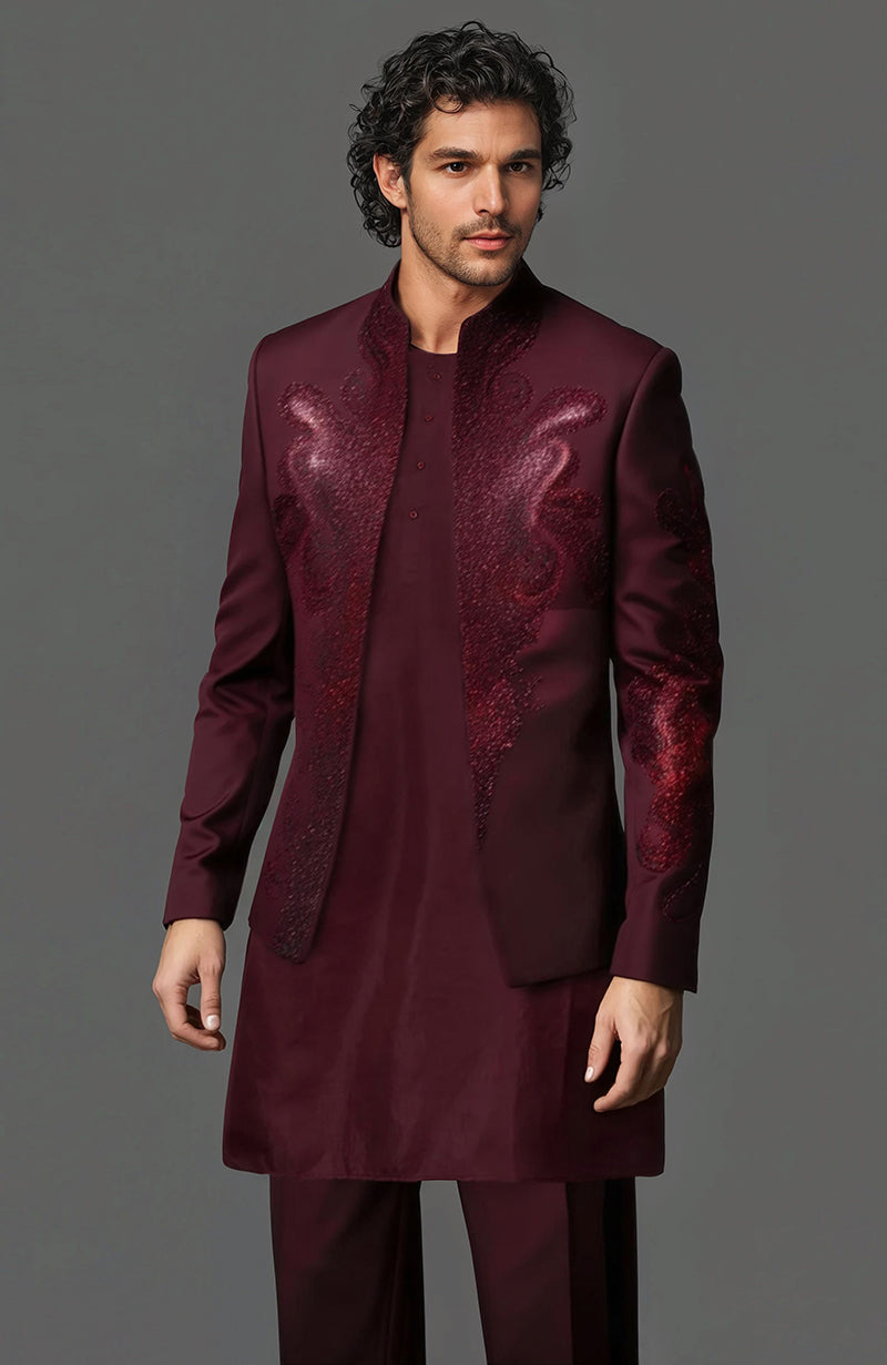 Deep burgundy tailored jacket with swirling embroidery, matching kurta and slim-fit trousers.