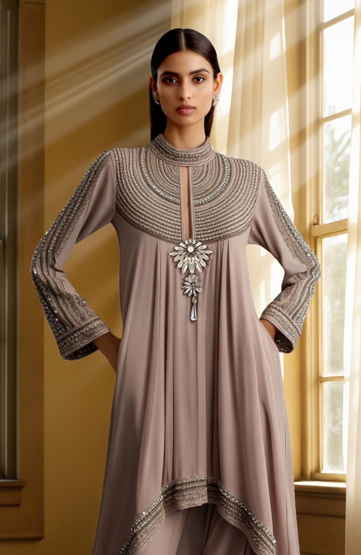 Taupe lavender asymmetrical kurta with bead and sequin embroidery paired with draped harem pants