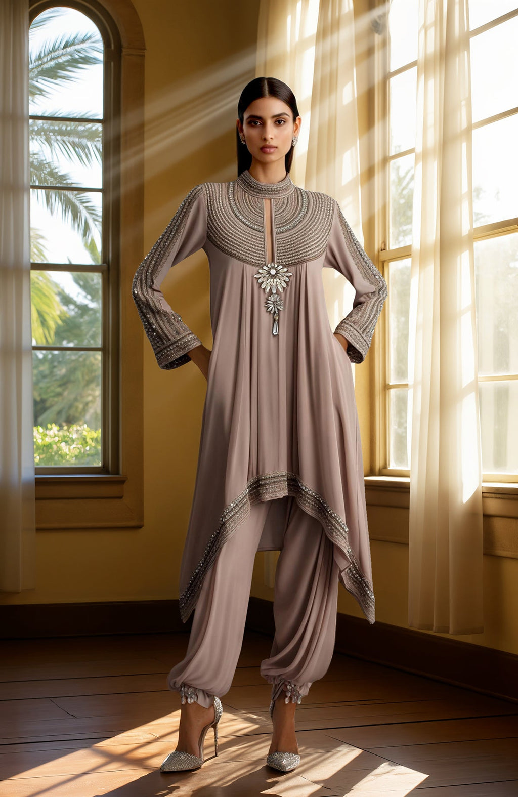 Taupe lavender asymmetrical kurta with bead and sequin embroidery paired with draped harem pants