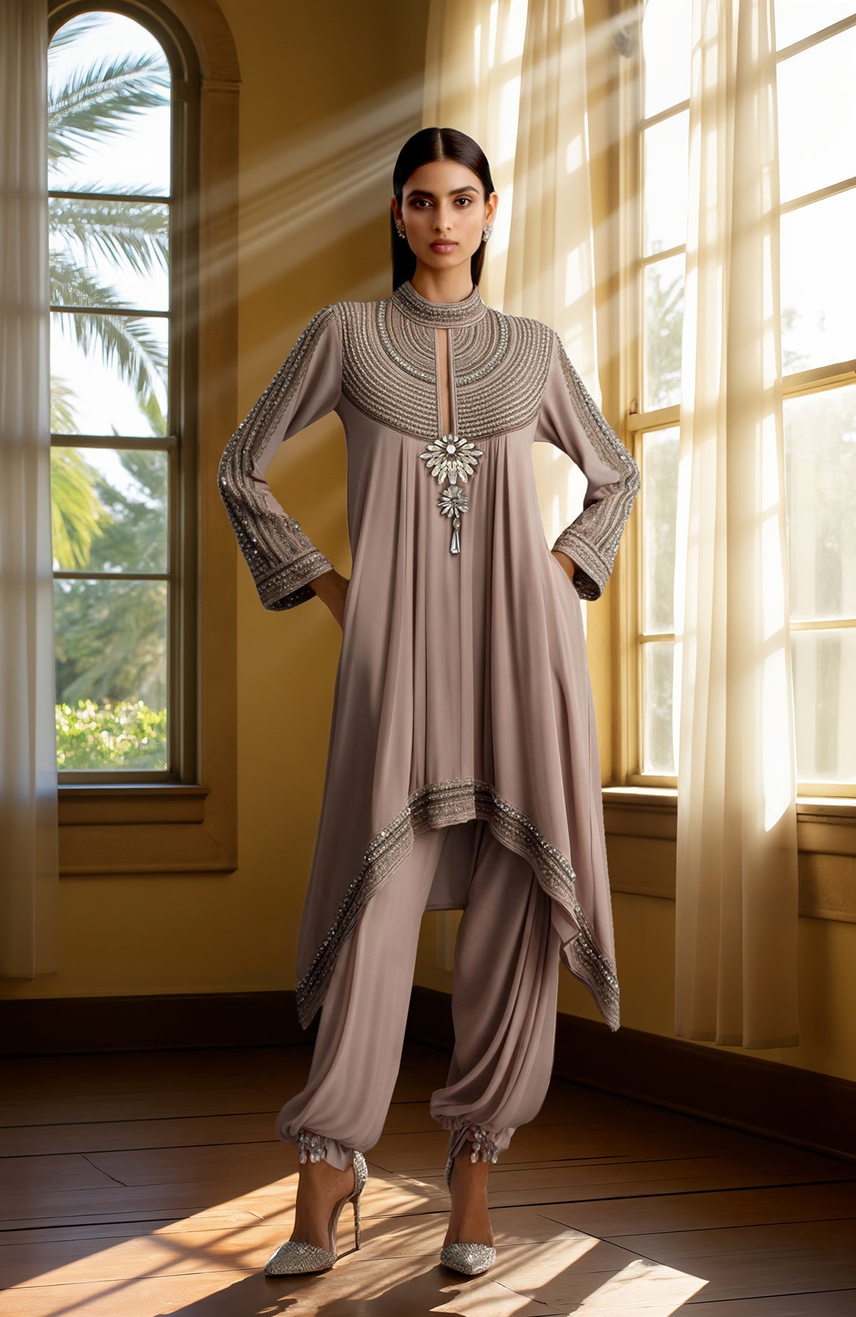 Taupe lavender asymmetrical kurta with bead and sequin embroidery paired with draped harem pants