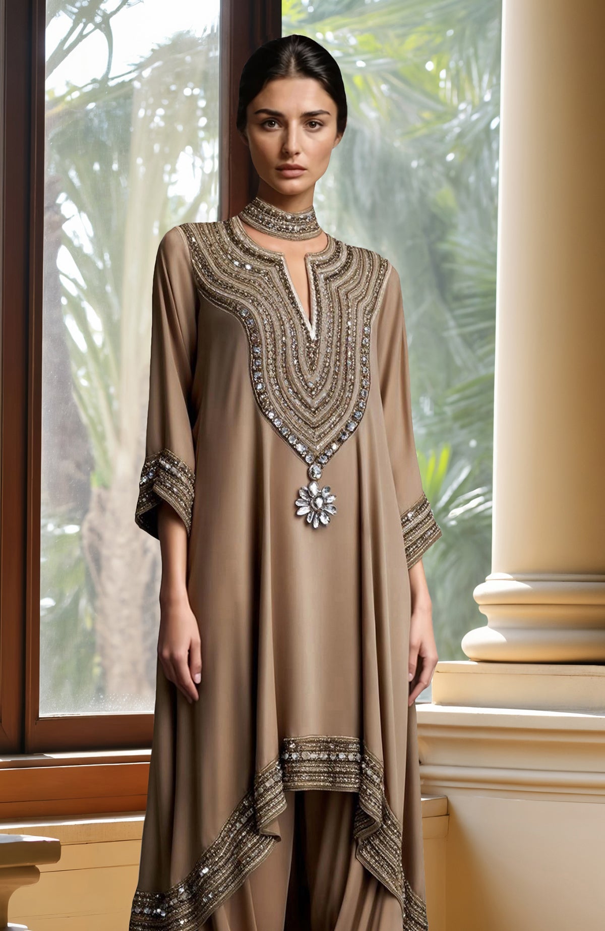 Taupe beige kurta with bead and crystal embroidery paired with draped harem pants.