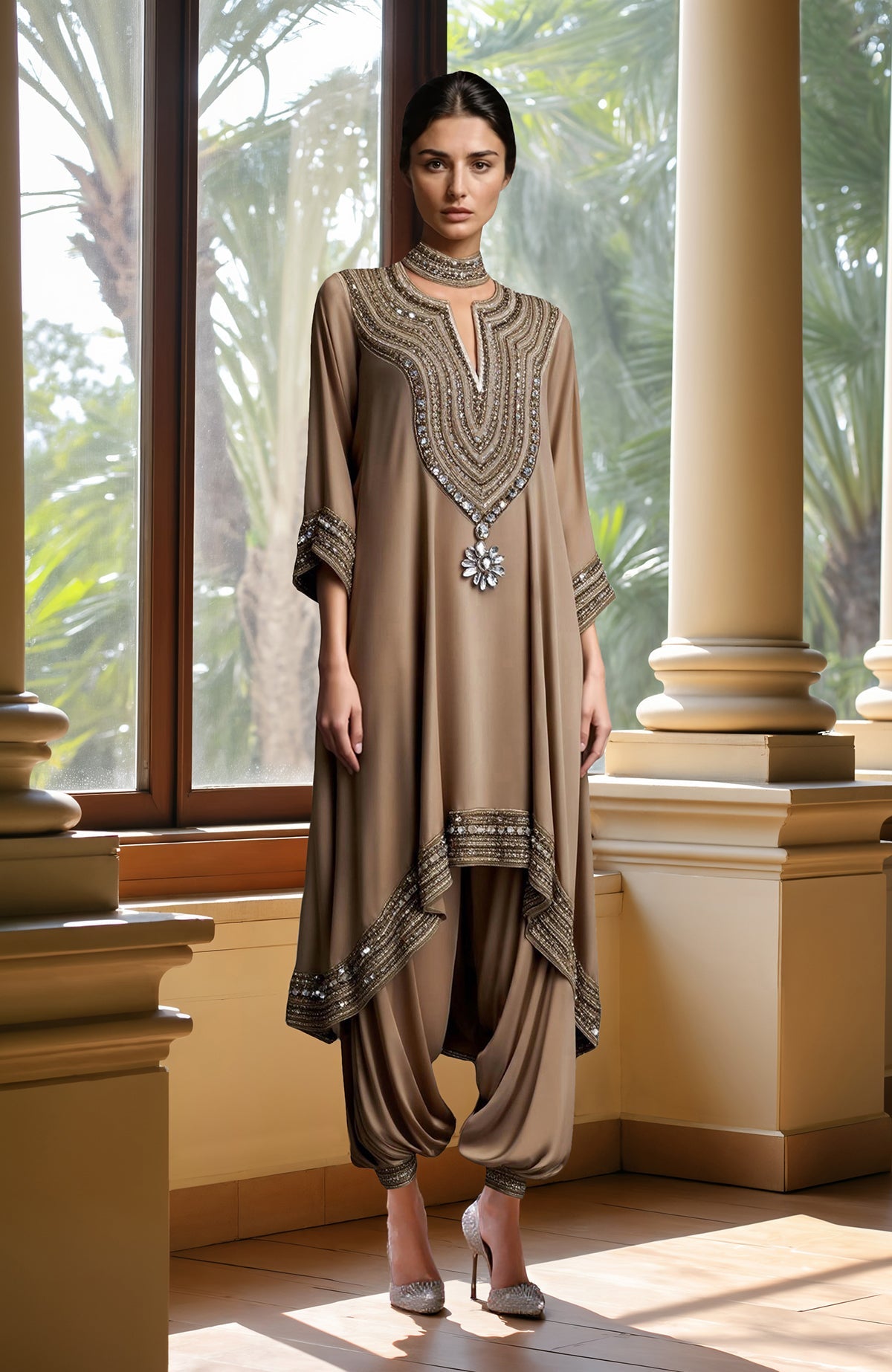 Taupe beige asymmetrical kurta with bead and crystal embroidery paired with draped harem pants