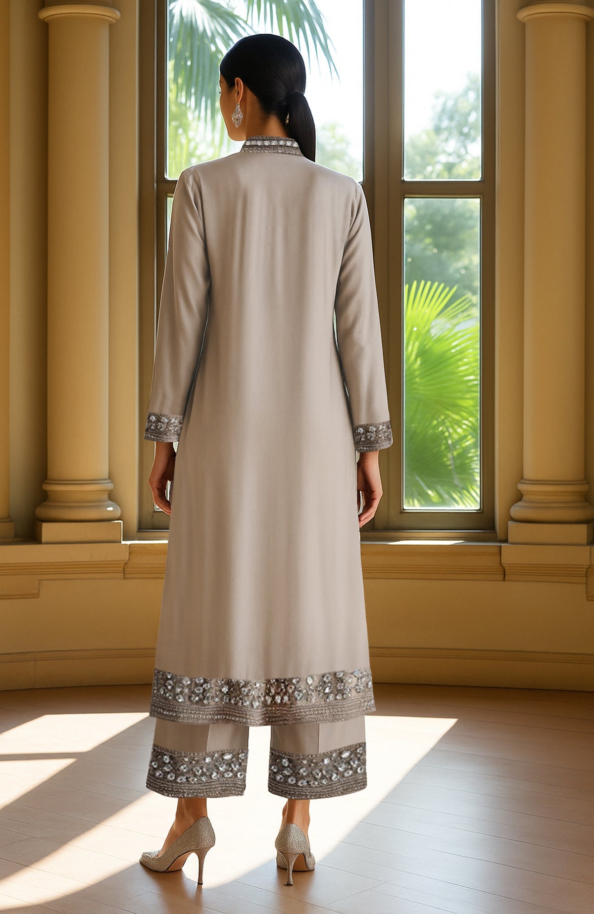 Champagne kurta with bead and crystal embroidery paired with embellished cropped trousers