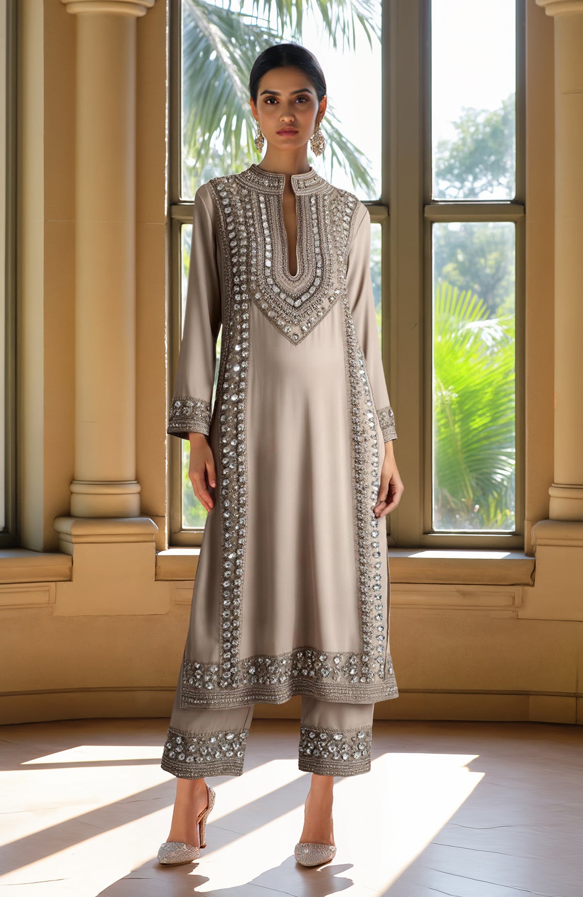 Champagne-colored kurta with bead and crystal embroidery paired with embellished cropped trousers