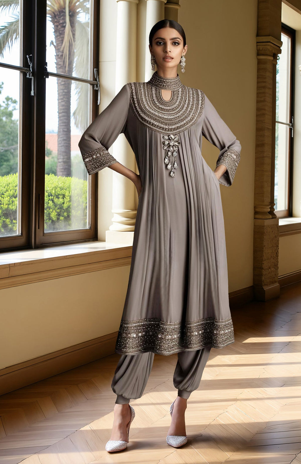 Taupe grey kurta set with pleated tunic, beaded collar, crystal embroidery, and draped harem pants