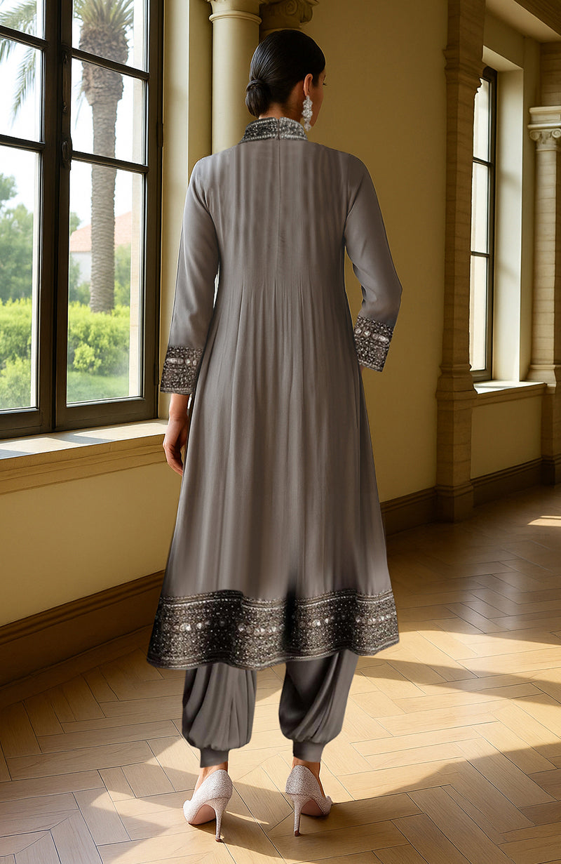 Taupe grey kurta set with pleated tunic, beaded collar, crystal embroidery, and draped harem pants.
