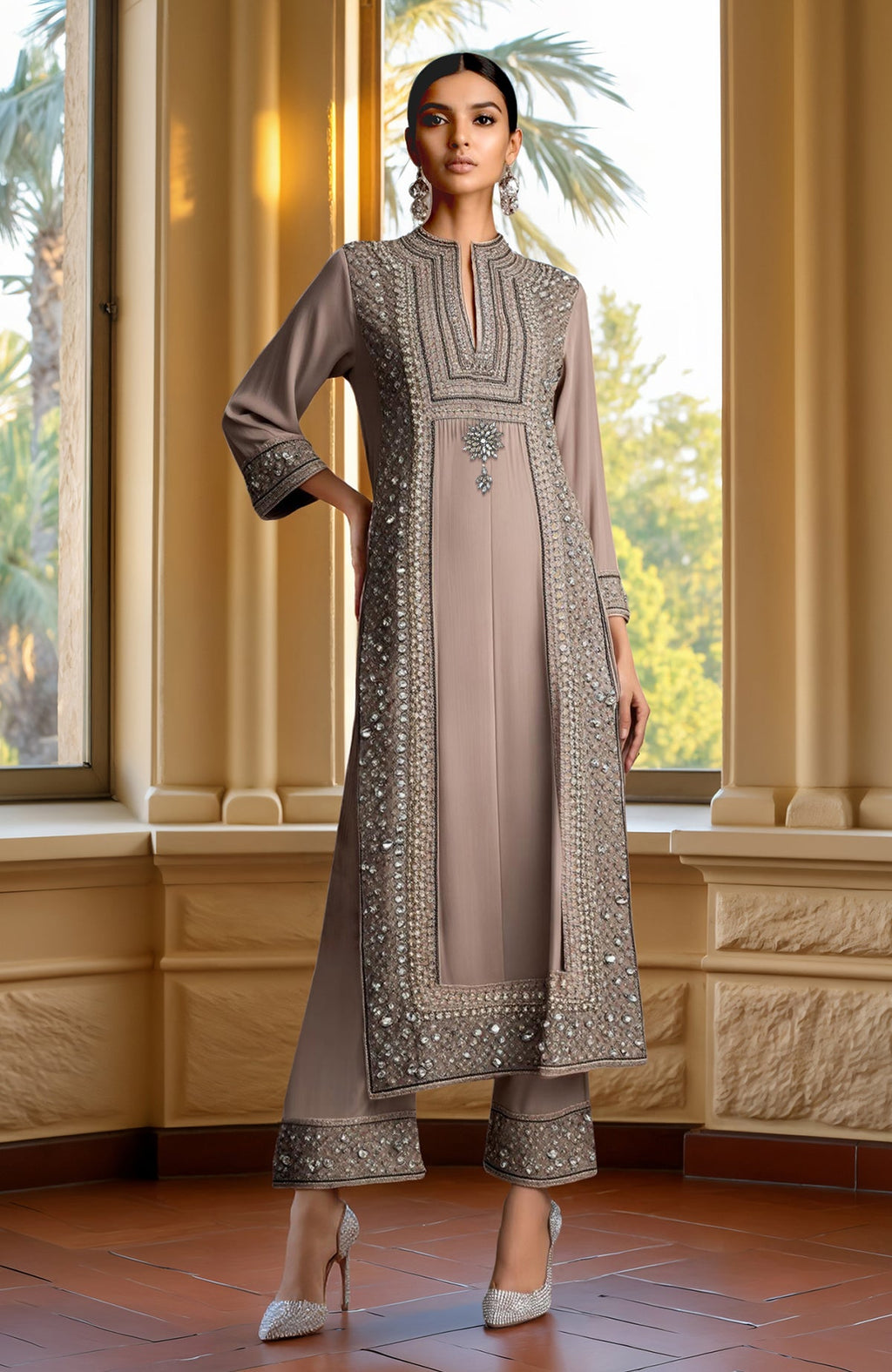 Taupe beige kurta set with bead and crystal embroidery, keyhole neckline, and cropped trousers