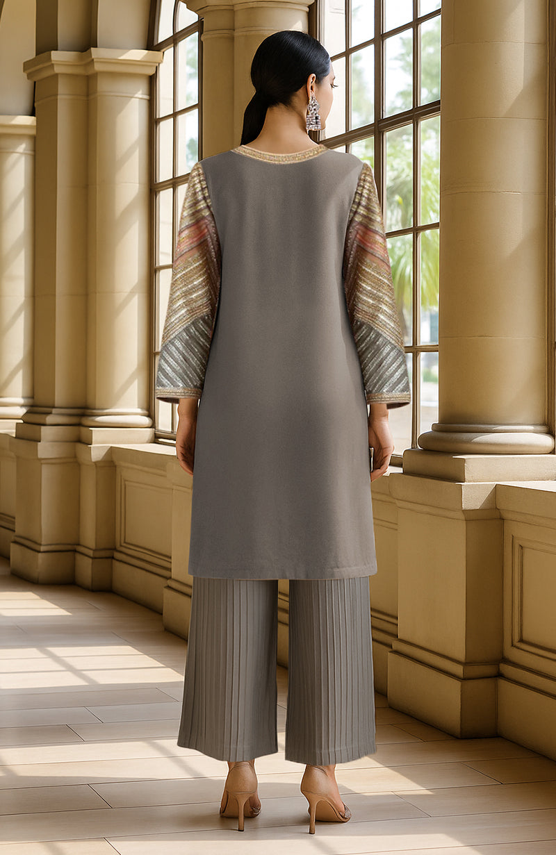 Grey-sage tunic kurta with beads, sequins, chevron pattern, and pleated wide-leg trousers