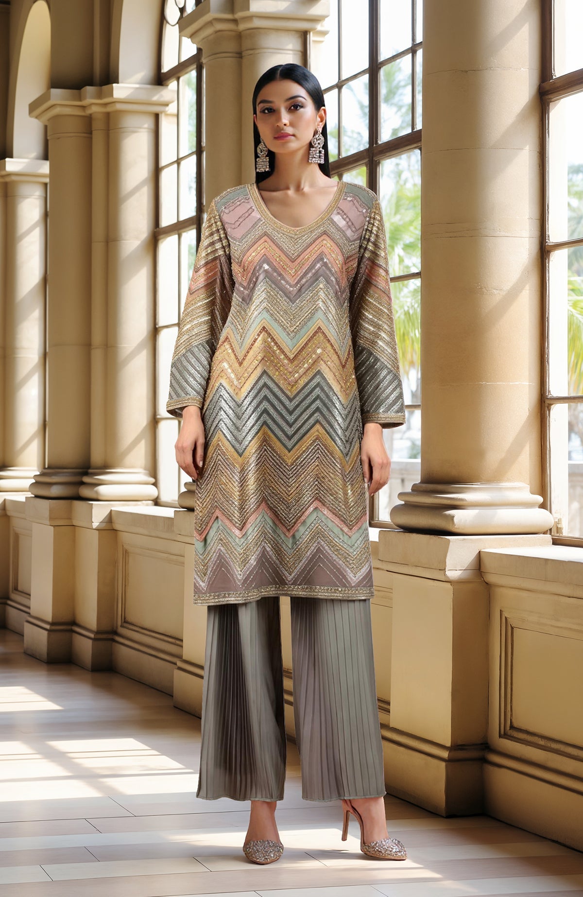 Grey tunic kurta with sage beads, sequins, chevron pattern, and pleated wide-leg trousers