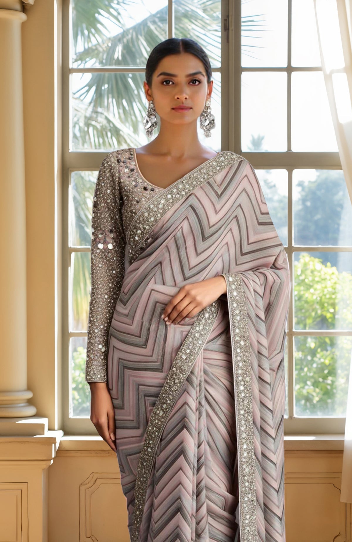 Pastel saree with chevron pattern in taupe, silver, lavender, and embellished blouse with mirrors and beads