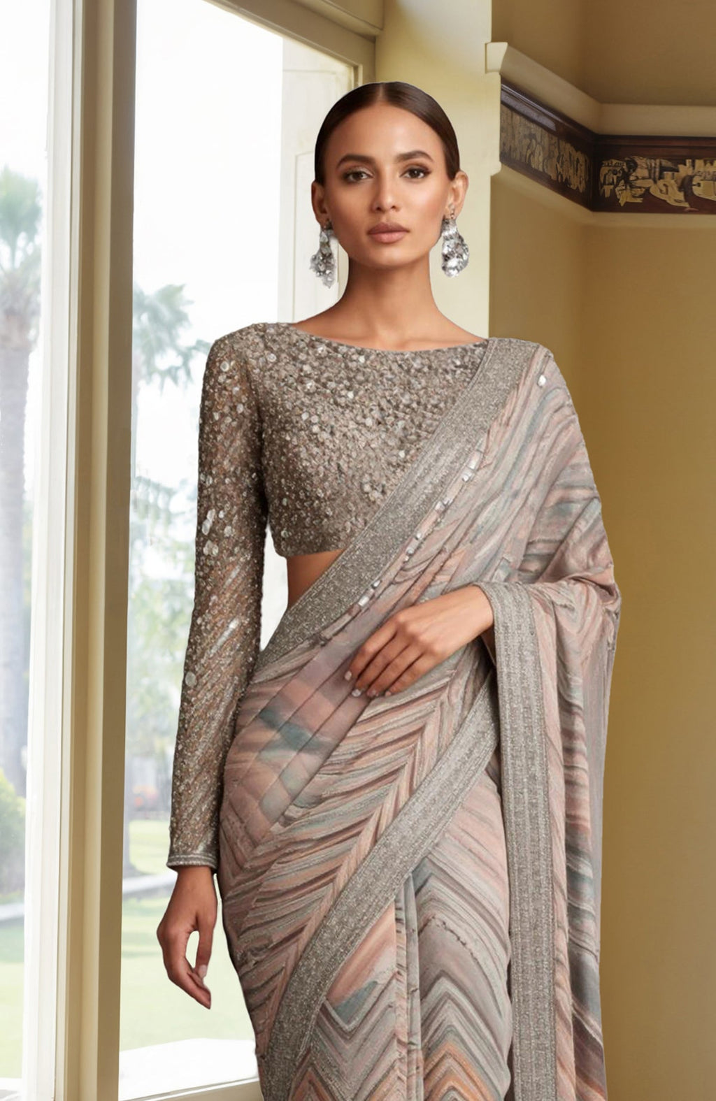Pastel saree with chevron print in mauve and taupe, silver sequin and bead embellished border and blouse