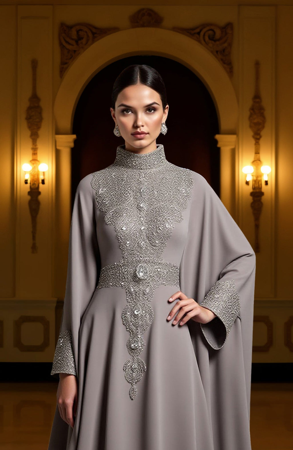 Floor-length taupe gown with high neck, bead and crystal embroidery, and cape sleeves.