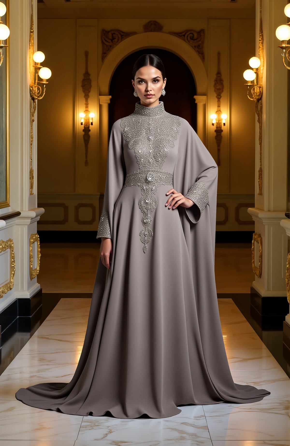 Taupe floor-length gown with high neck, crystal embroidery, beadwork, belted waist, and cape sleeves