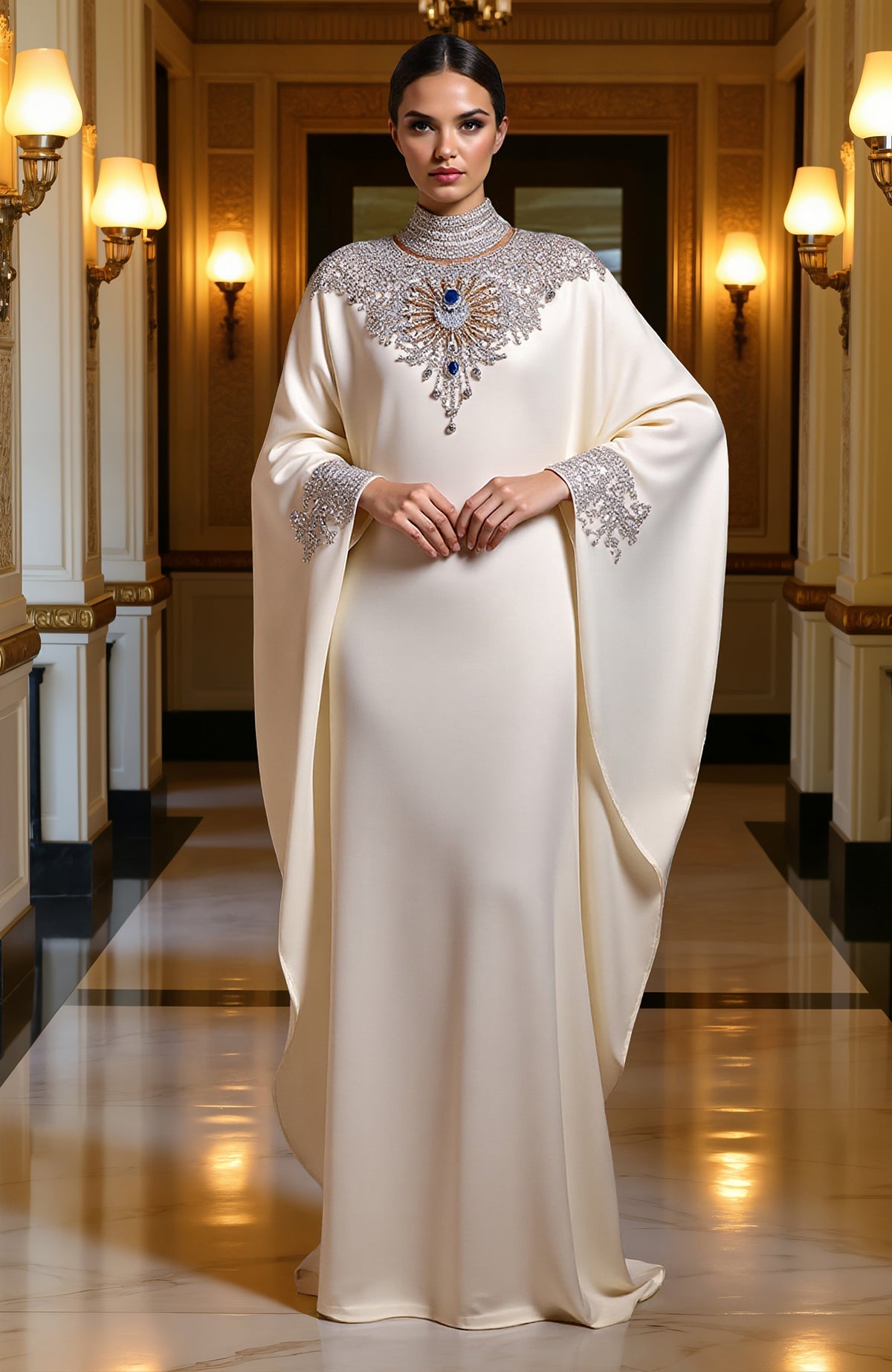 Ivory floor-length gown with bead and crystal embroidery, high neckline, and flowing cape sleeves.
