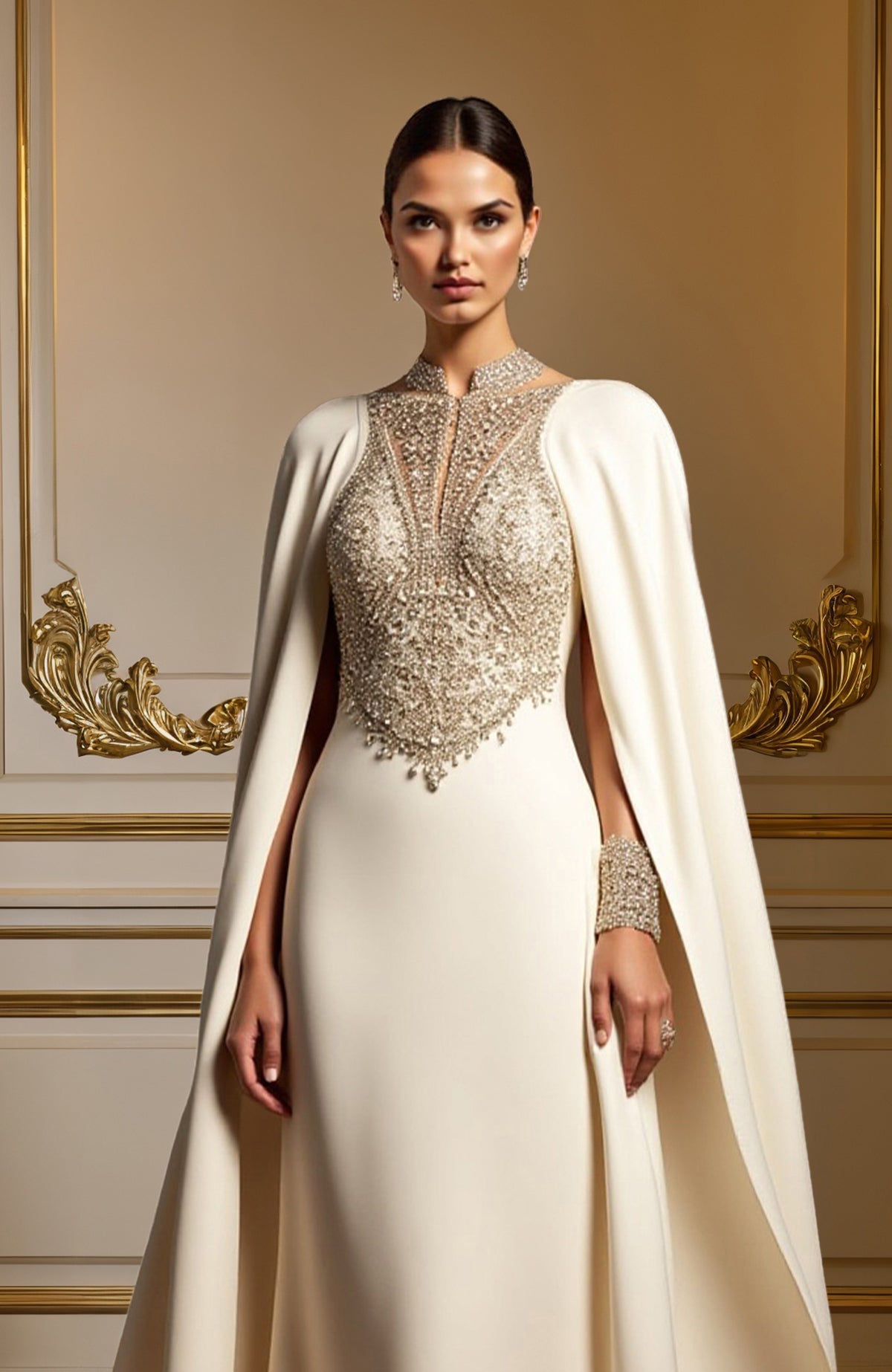 Ivory floor-length gown with bead and crystal embroidery, keyhole neckline, and flowing cape.