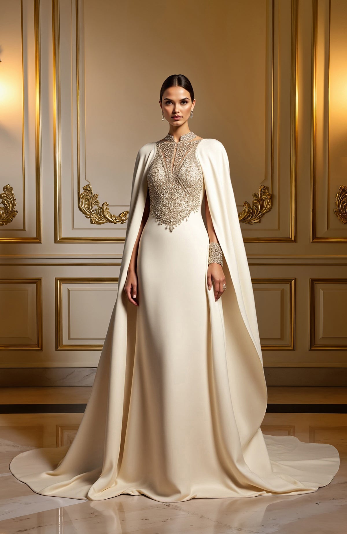 Ivory floor-length gown with bead and crystal embroidery and a flowing cape attachment